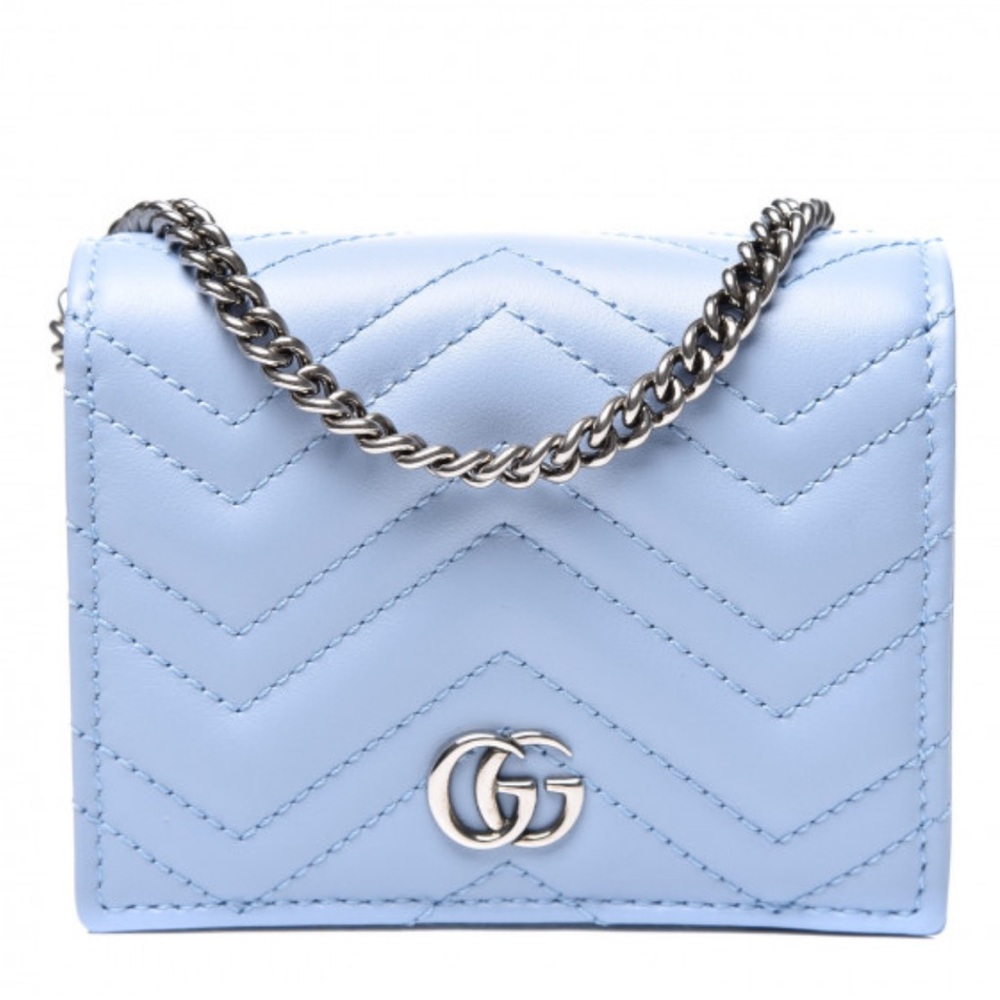 🆕 Gucci Calfskin Matelasse GG Marmont Mini Wallet On Chain Porcelain Light Blue
